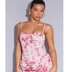 PRETTYLITTLETHING Fuschia Tie Die Print Structured Corset Top, Size USA 12